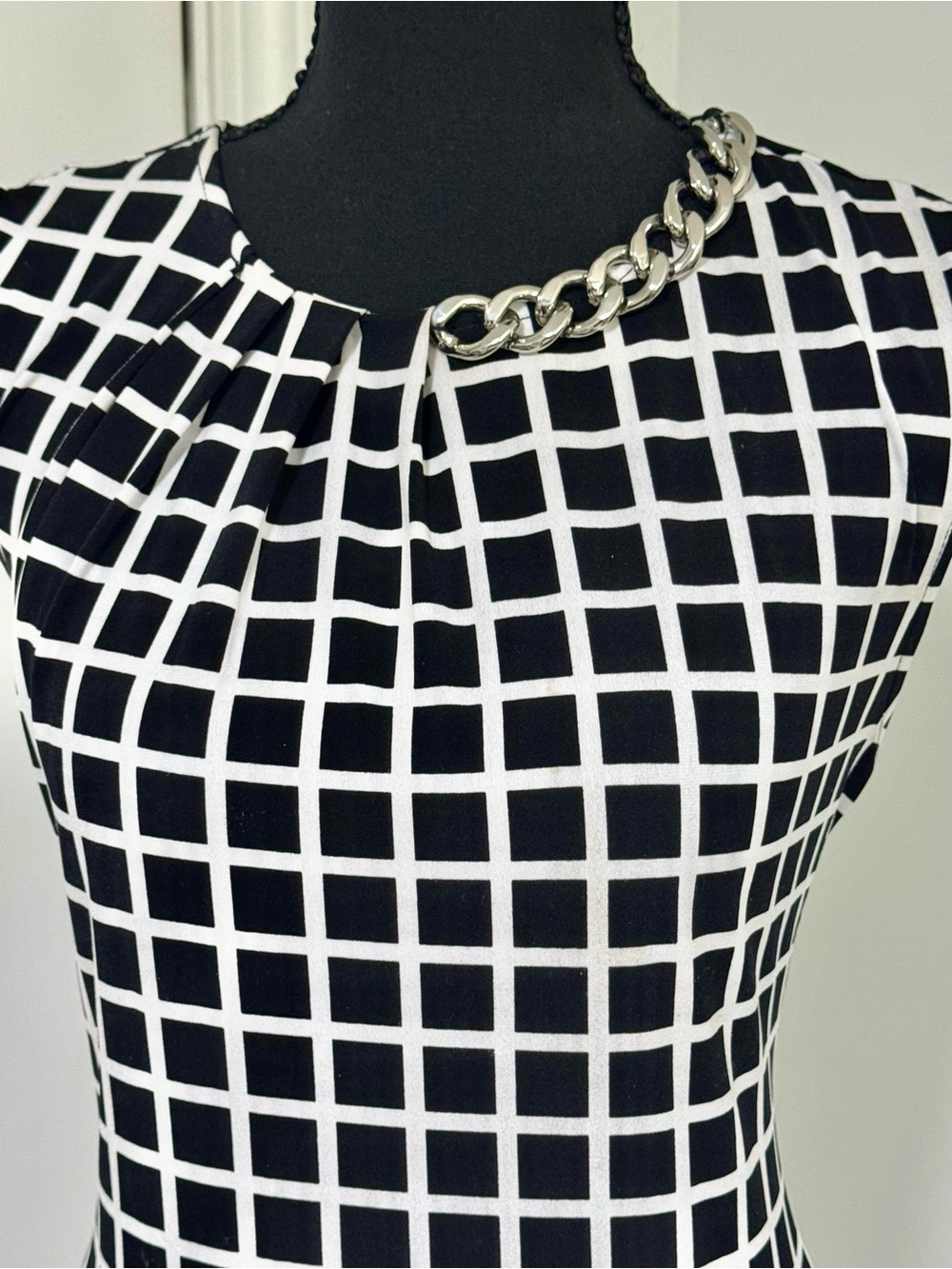 Michael Kors Black and White Grid Sheath with Chain Accent
